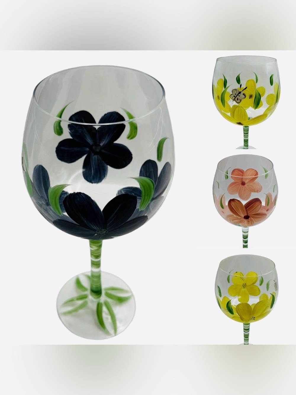 Set of 4 Block Basics Hand-Painted Floral Wine Glasses